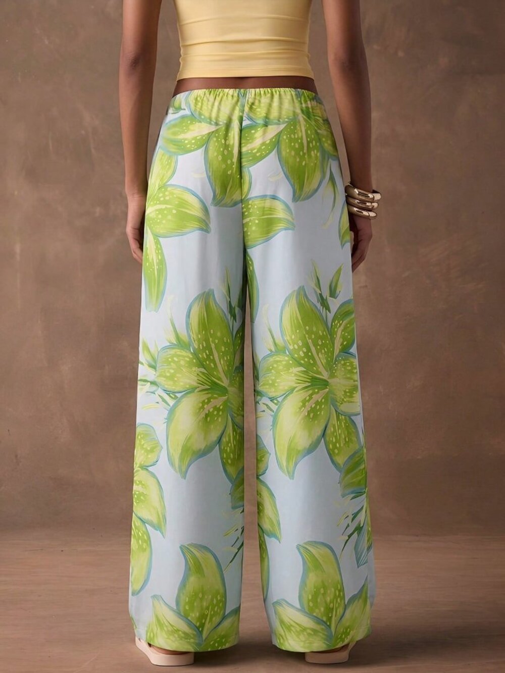 Cantaloupe Yellow Boho Women's Vacation Floral Print Woven Loose Wide Leg - Picture 2 of 7